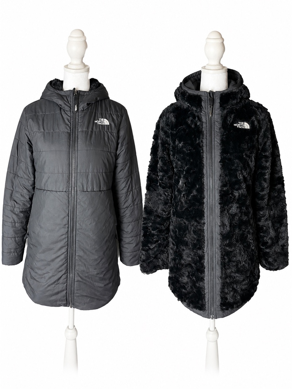 The North Face Reversible Mossbud Swirl Parka Girls L 14/16 Black Fleece Coat
